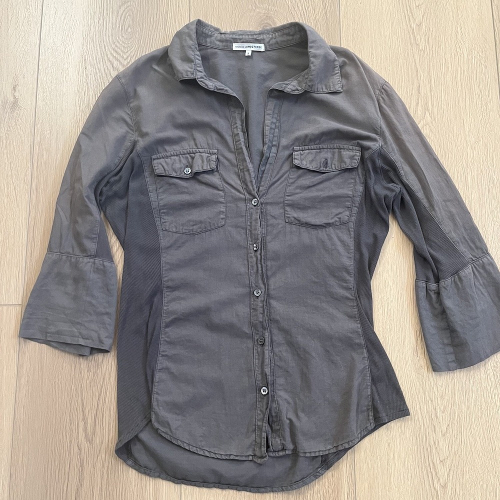 Standard James Perse Shirt Womens 3 Gray  Button Front Roll Tab Contrast Panel